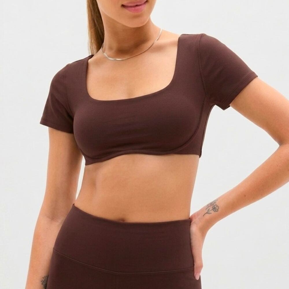 Athleta Brown Athletic Crop Top Size XL NWT Underwire Square Neck Athleisure
